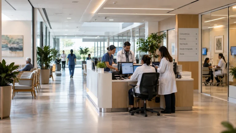 Equipe multiprofissional em ambiente moderno de centro médico, com recepção e áreas de atendimento integradas.
