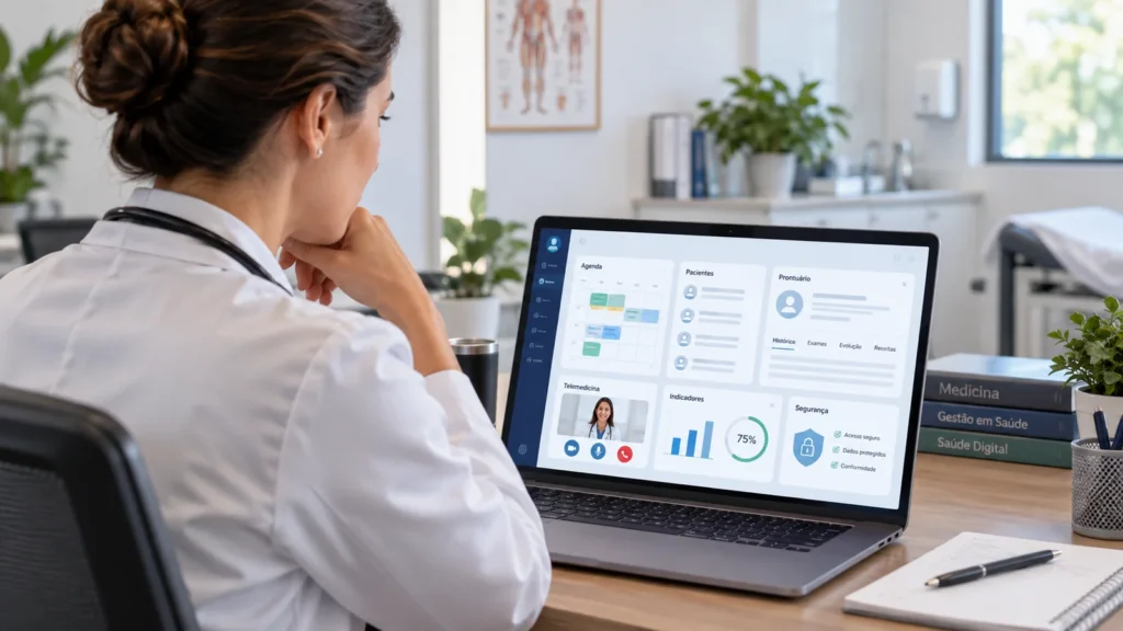 Médica analisando em notebook um painel de software médico com agenda, prontuário e indicadores.