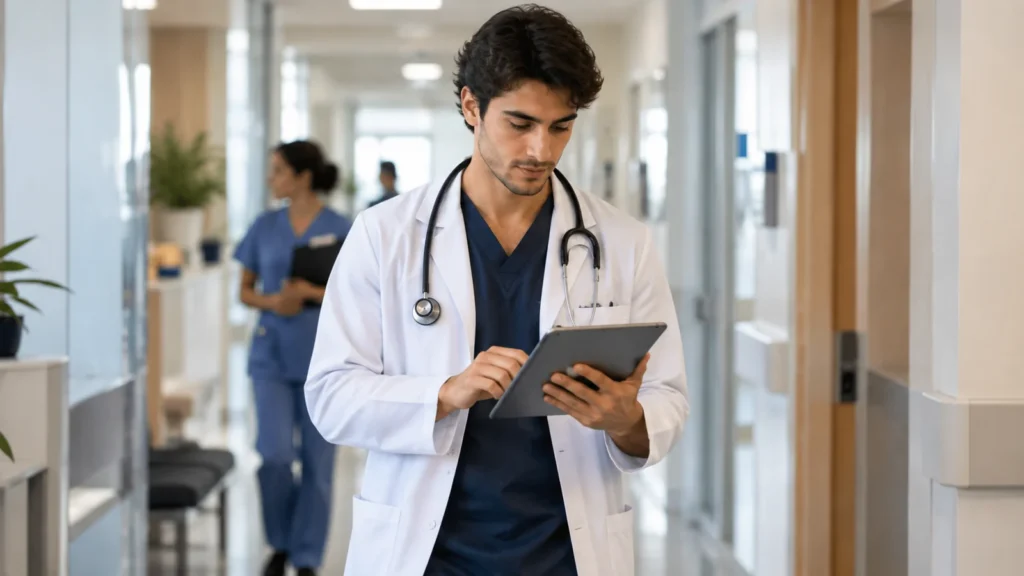 Médico em centro médico consultando informações em um tablet durante a rotina profissional.