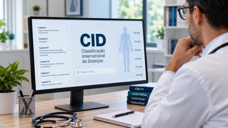 Médico consulta classificação CID em sistema digital no consultório.