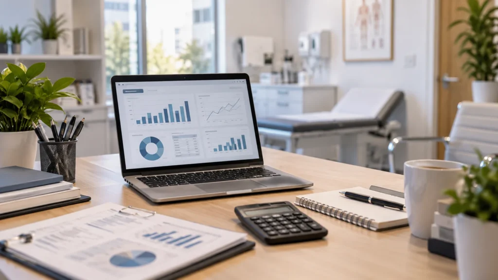 Mesa de consultório com notebook exibindo gráficos financeiros, calculadora e documentos de gestão.
