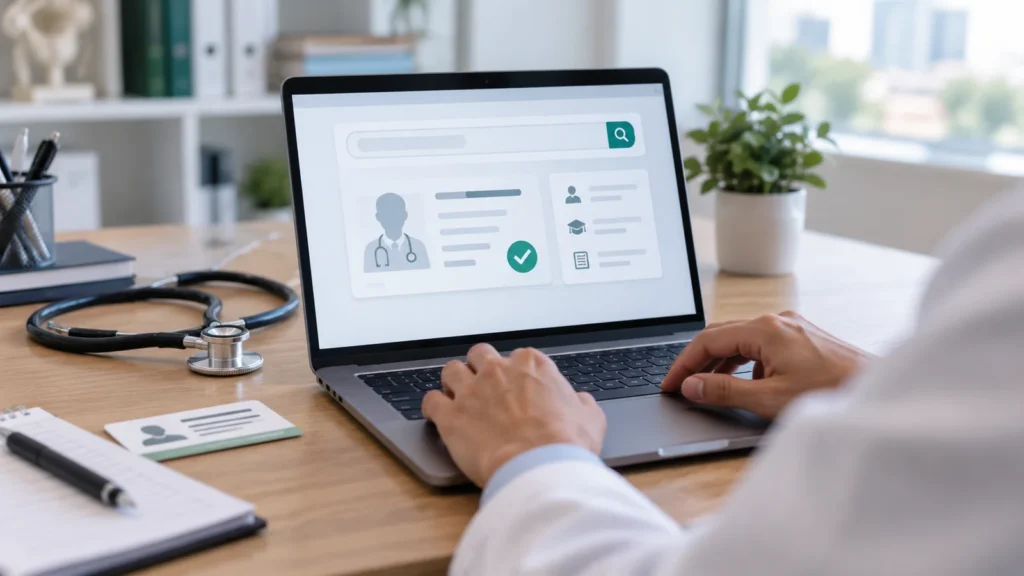 Profissional consultando registro médico em notebook com interface de verificação de credenciais.