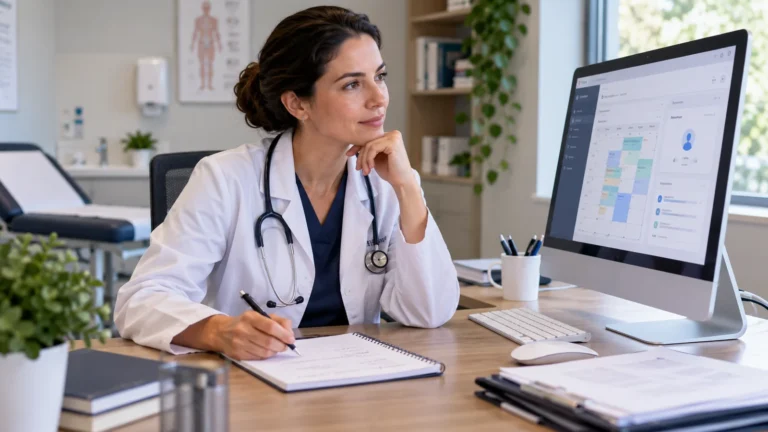 Médica analisa a agenda e informações de gestão em um software para clínica durante a rotina no consultório.