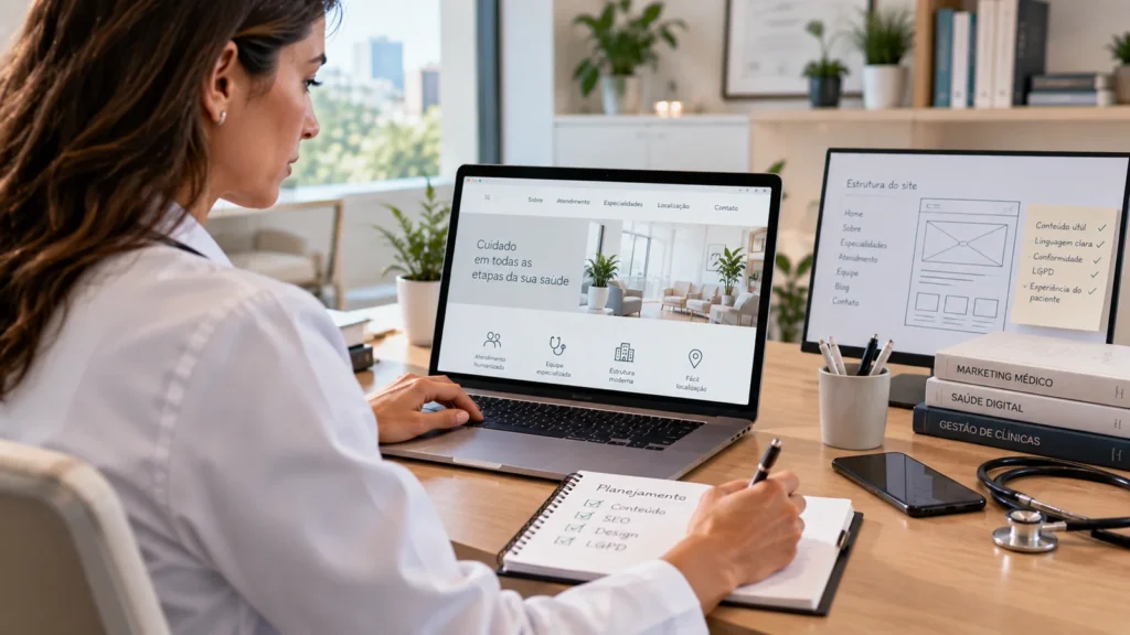 Médica planejando a estrutura de um site profissional para consultório em um ambiente clínico.