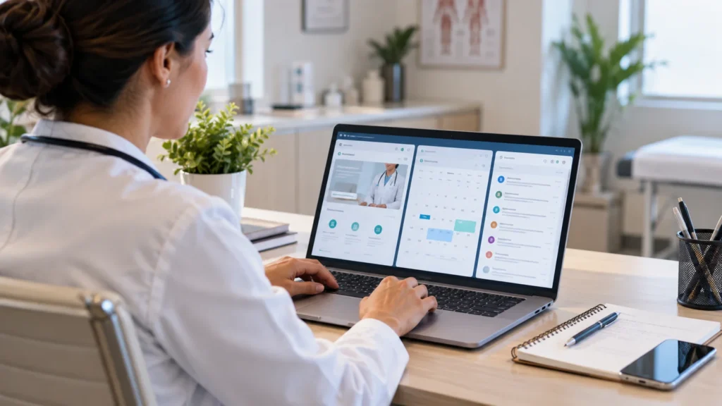 Profissional de saúde usando notebook com site, agenda e comunicação digital em consultório.