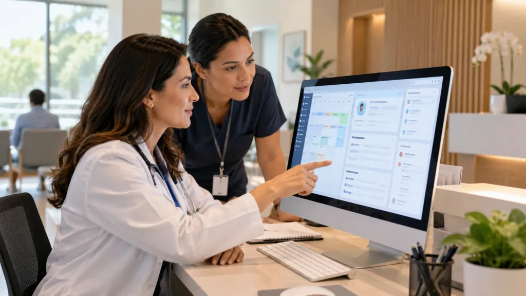 Profissional de saúde e gestora usando software médico em computador na clínica.