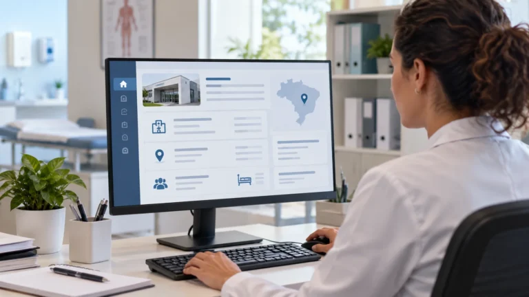 Profissional em consultório consultando informações de estabelecimento de saúde em sistema digital.