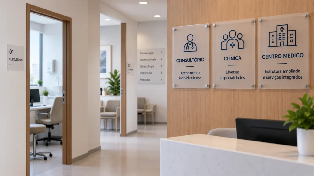 Ambiente de saúde com sinalização para consultório, clínica e centro médico, ilustrando diferentes formas de organização assistencial.