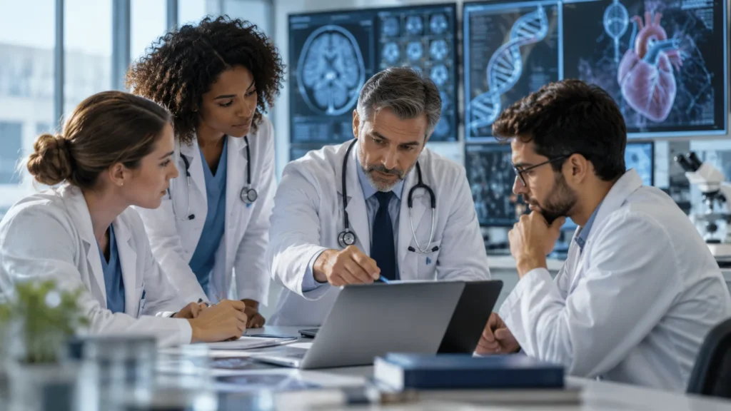 Equipe médica analisando informações clínicas e científicas em ambiente de pesquisa.