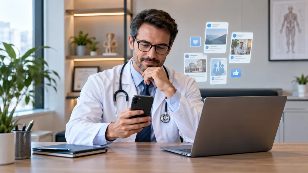 Médico usando smartphone e notebook em consultório, com elementos visuais de redes sociais.
