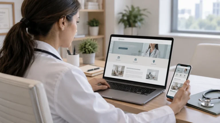 Médica visualiza um site profissional em notebook e celular em um consultório.