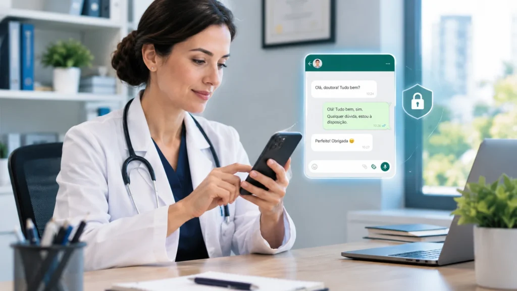 Médica usando smartphone para se comunicar com paciente em ambiente de consultório