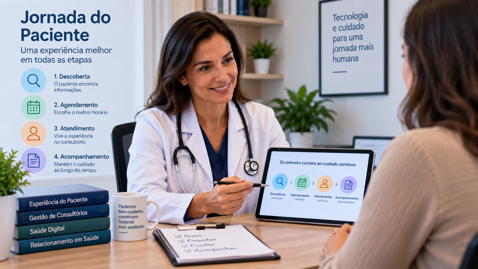 Médica conversa com paciente em consultório, representando diferentes momentos da jornada e da experiência de atendimento.