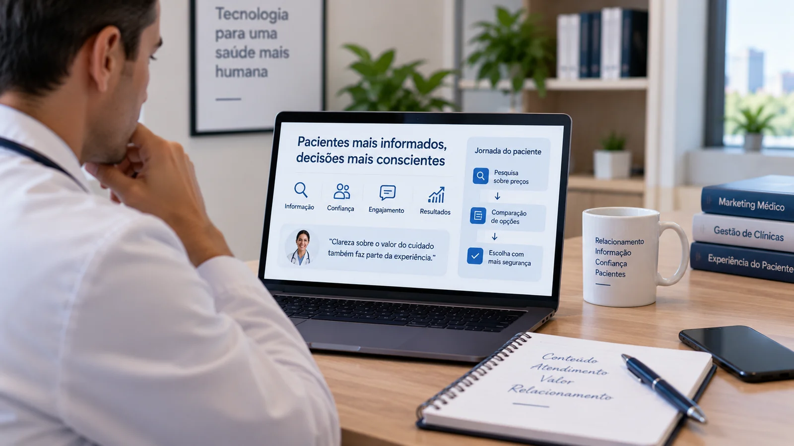 Médico analisa no notebook informações sobre jornada do paciente, atendimento e transparência na comunicação.