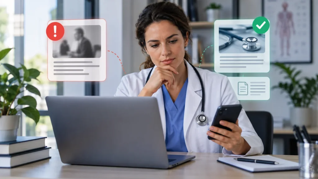 Médica consulta computador e celular ao verificar informações de saúde, com indicadores visuais de conteúdo falso e verificado.