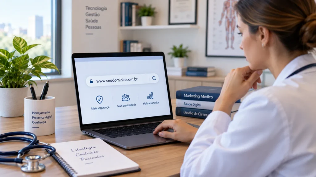 Médica analisa no notebook a escolha de um domínio seguro para o site de seu consultório.