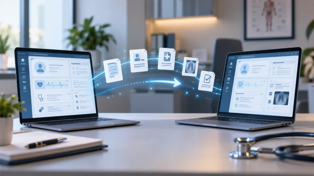 Dois computadores exibem prontuários eletrônicos com ícones de dados sendo transferidos entre os sistemas.
