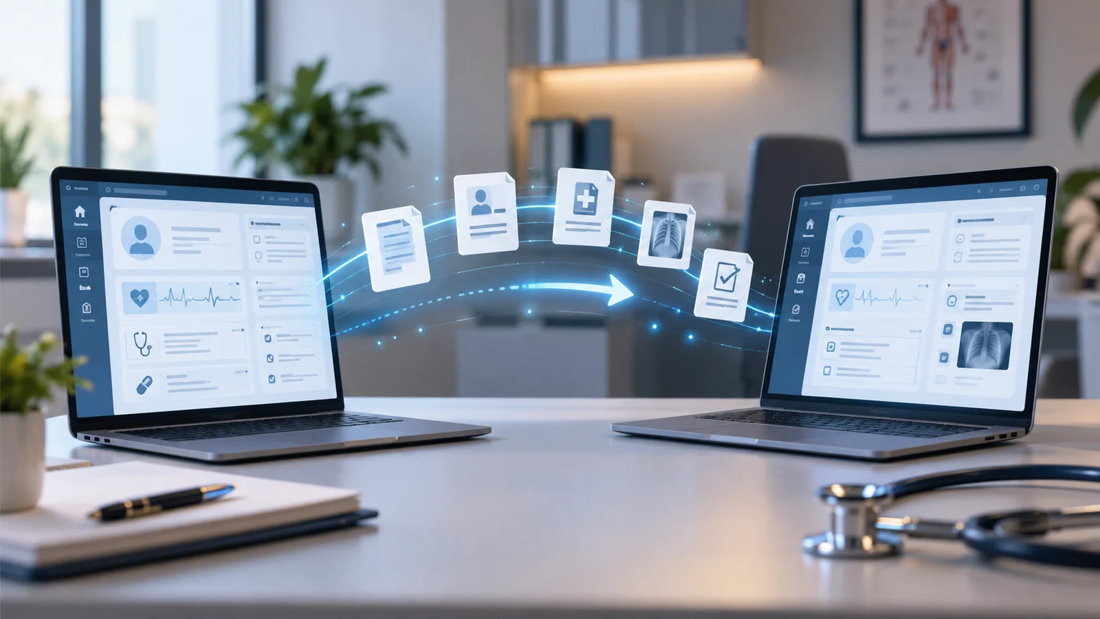 Dois computadores exibem prontuários eletrônicos com ícones de dados sendo transferidos entre os sistemas.