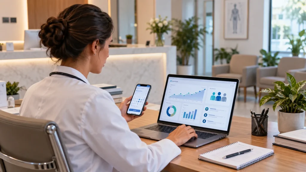 Profissional de saúde em consultório usando notebook com painel de dados e celular para organizar marketing e atendimento.