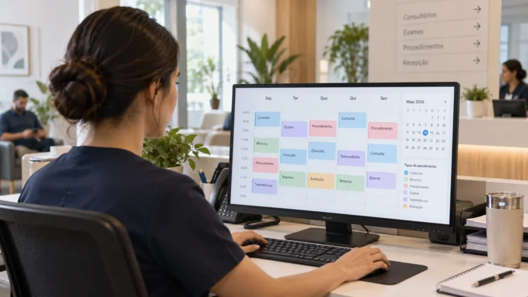 Profissional organizando consultas, retornos, exames e procedimentos em uma agenda médica digital.
