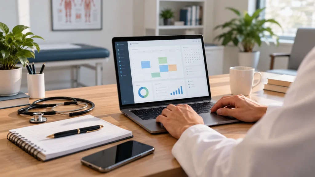 Profissional organiza a gestão de um consultório em computador com agenda e indicadores administrativos.