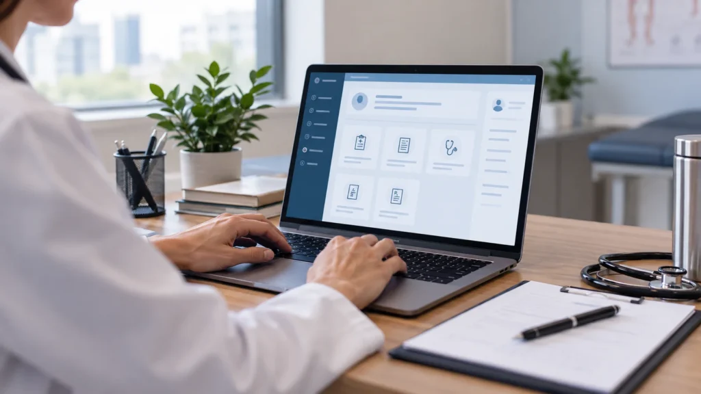 Profissional de saúde usando notebook com interface de prontuário e modelos de documentos em consultório.