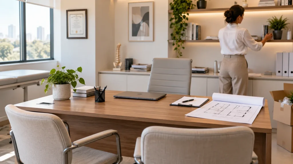 Consultório médico moderno em fase de organização, com mesa, cadeiras, notebook e planta baixa sobre a mesa.