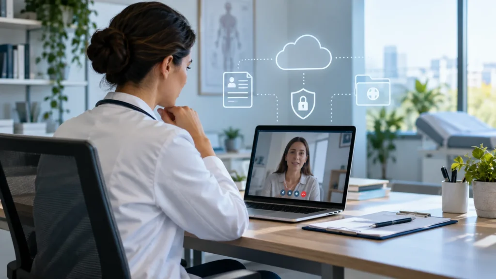 Médica em teleconsulta por notebook com ícones de nuvem, prontuário e segurança digital ao fundo.