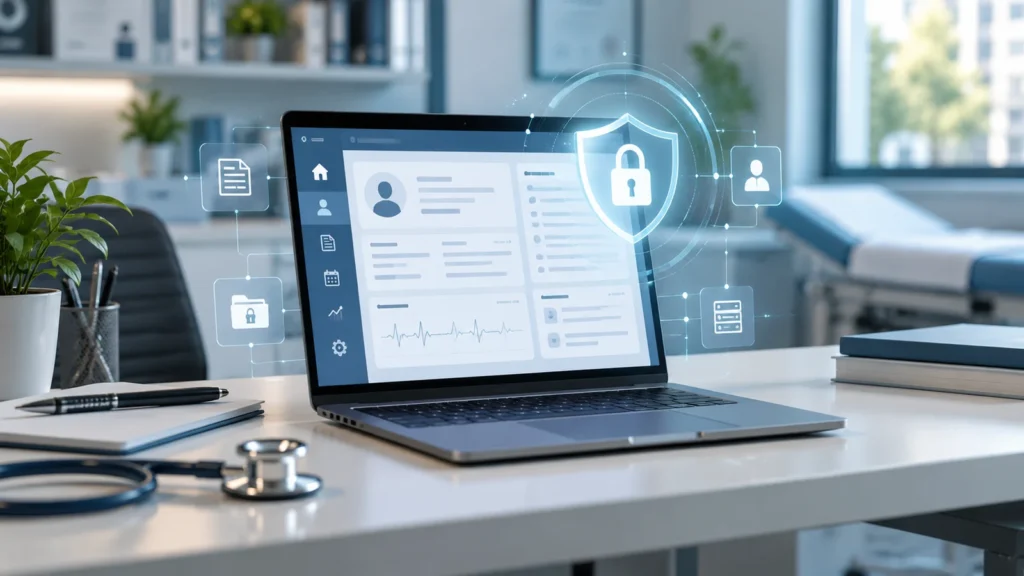 Notebook com prontuário eletrônico e elementos visuais de proteção de dados em ambiente clínico.