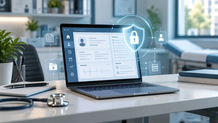 Notebook com prontuário eletrônico e elementos visuais de proteção de dados em ambiente clínico.