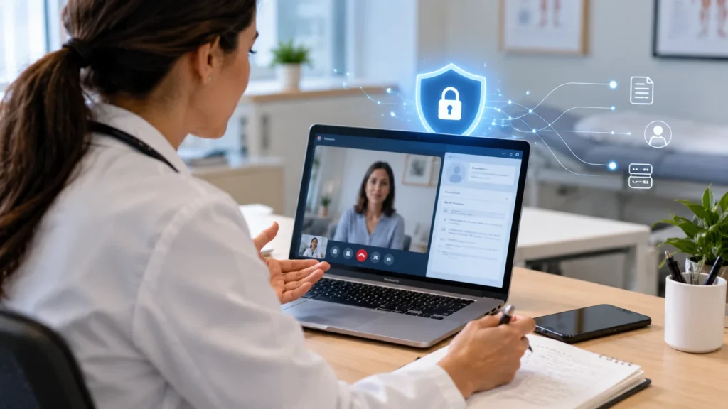 Médica realiza teleconsulta em notebook com representação visual de proteção e segurança dos dados digitais.