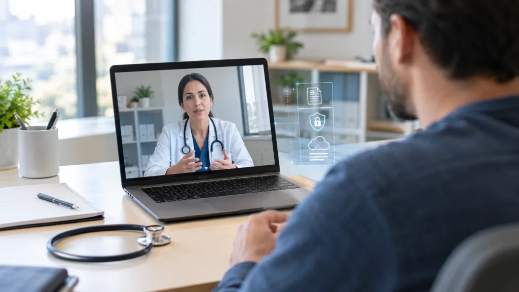 Teleconsulta entre médico e paciente por videochamada em computador