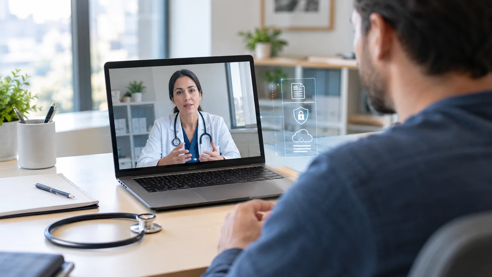 Teleconsulta entre médico e paciente por videochamada em computador