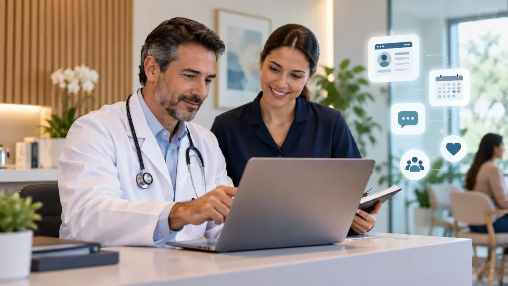Médico e profissional de gestão analisam ferramentas digitais de agendamento e relacionamento em um consultório.