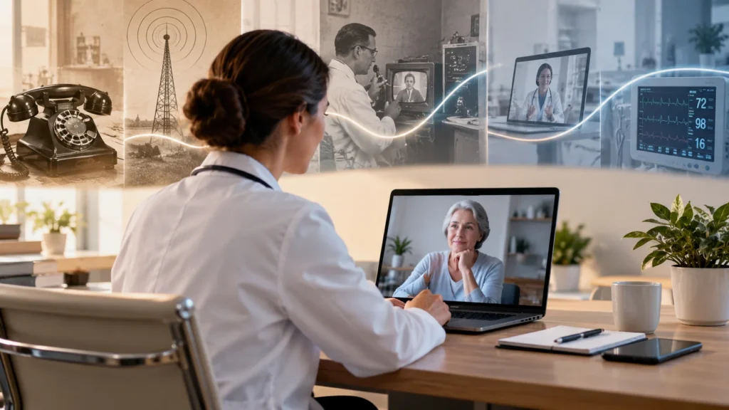 Médica em teleconsulta com paciente em notebook, com elementos visuais que representam a evolução histórica da telemedicina.