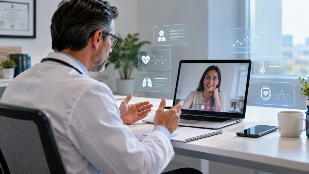 Médico realizando teleconsulta em notebook com recursos digitais de saúde ao redor da tela.