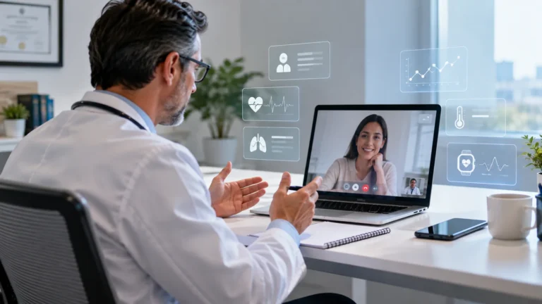 Médico realizando teleconsulta em notebook com recursos digitais de saúde ao redor da tela.