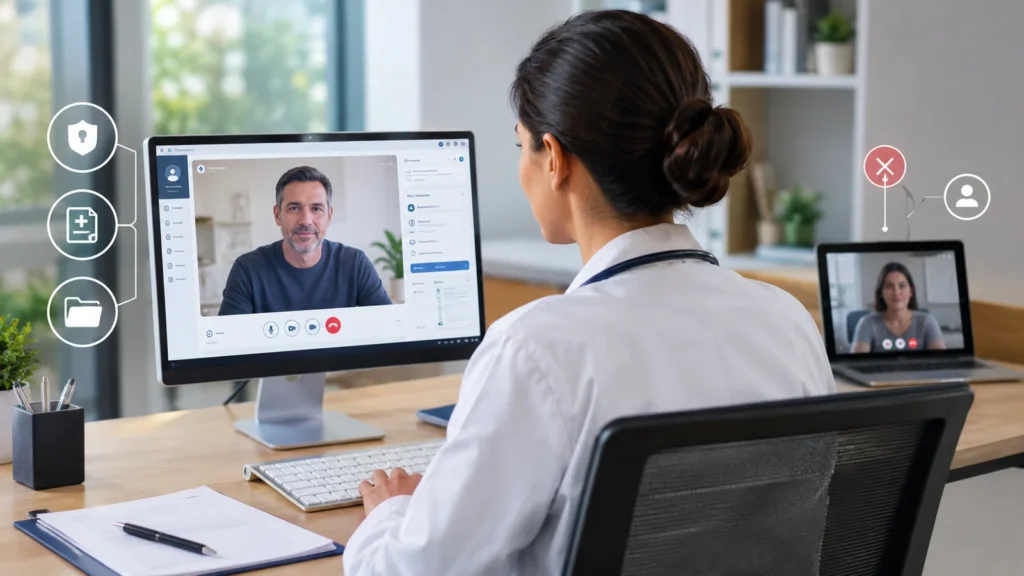 Médica realizando teleconsulta em plataforma digital com elementos de segurança e registro clínico