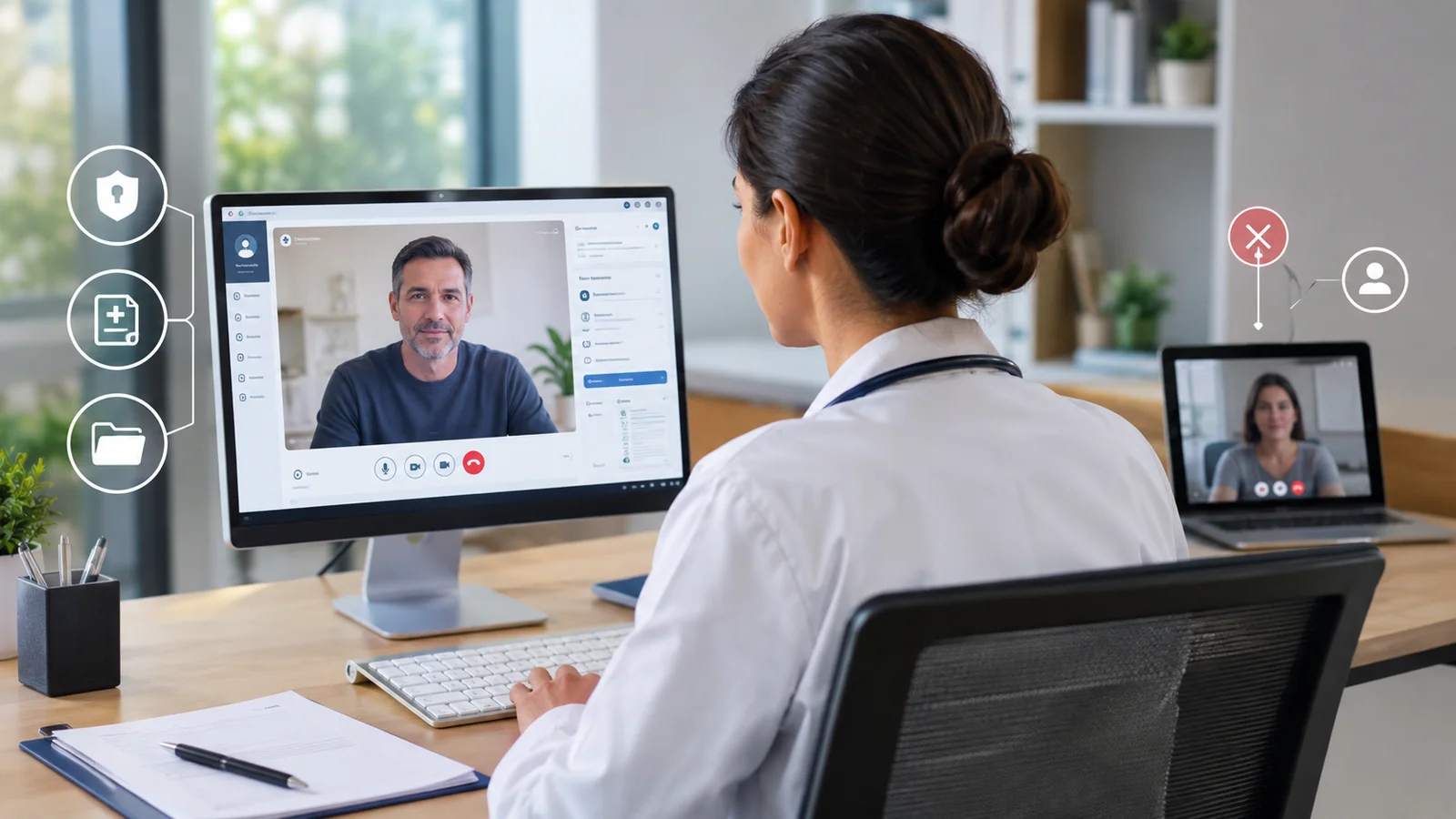 Médica realizando teleconsulta em plataforma digital com elementos de segurança e registro clínico