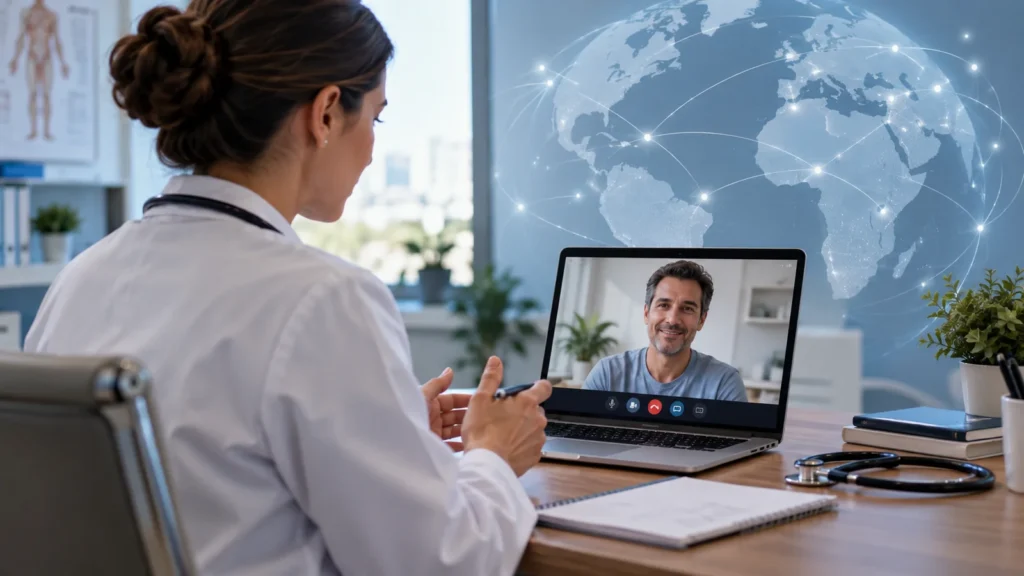 Médica em teleconsulta por notebook com mapa-múndi conectado ao fundo, representando a telemedicina internacional.