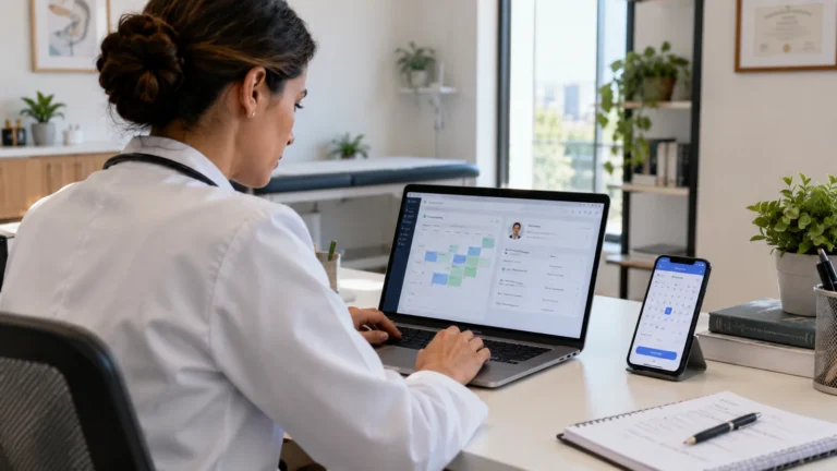 Profissional de saúde usando notebook e celular com interfaces de agenda em consultório.