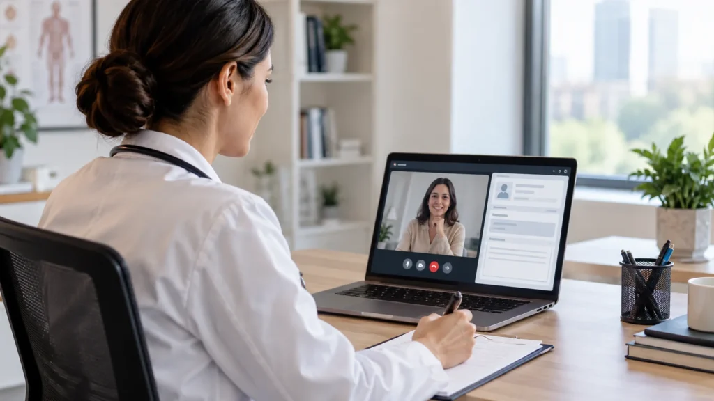 Médica realiza teleconsulta por vídeo em notebook enquanto registra informações durante o atendimento.