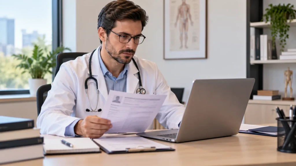 Médico revisando documentos profissionais em um consultório com notebook sobre a mesa.