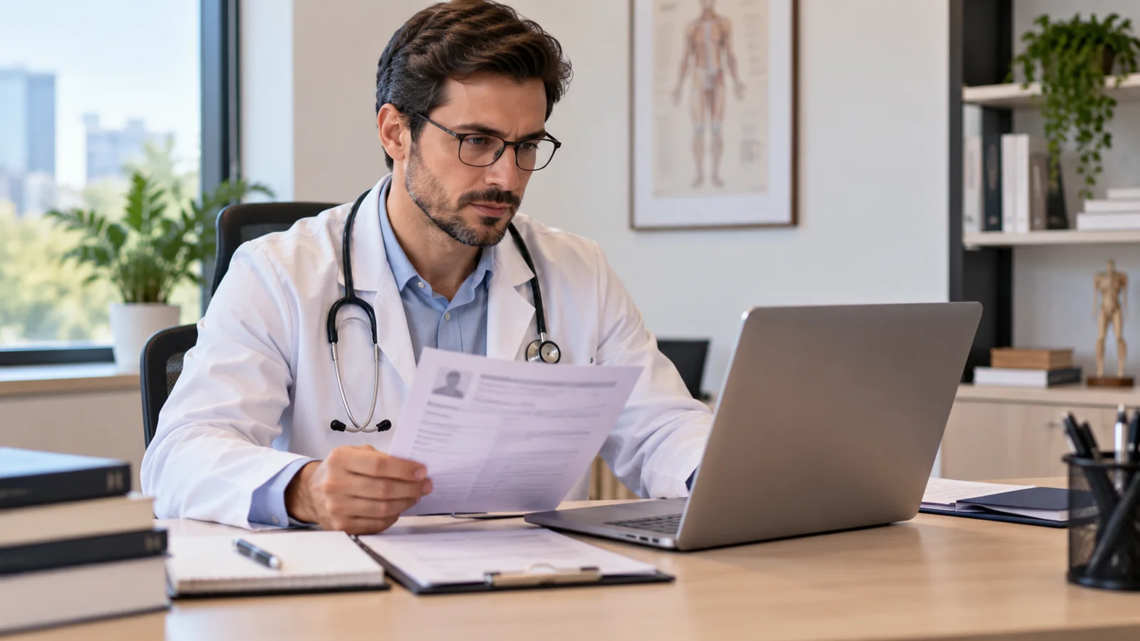 Médico revisando documentos profissionais em um consultório com notebook sobre a mesa.