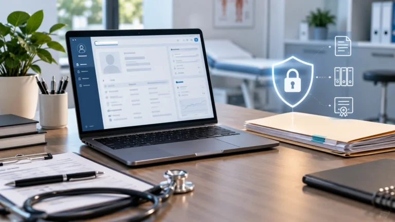 Prontuário eletrônico em notebook ao lado de documentos médicos e símbolo de proteção de dados.