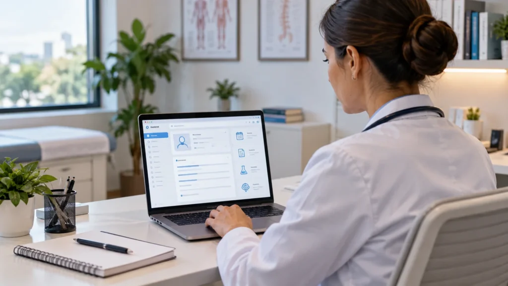Médica usando prontuário eletrônico em notebook dentro de consultório.