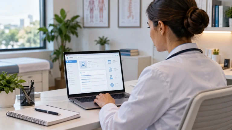 Médica usando prontuário eletrônico em notebook dentro de consultório.