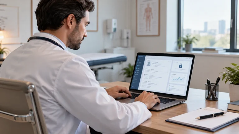 Médico utilizando prontuário eletrônico em notebook durante a rotina no consultório.