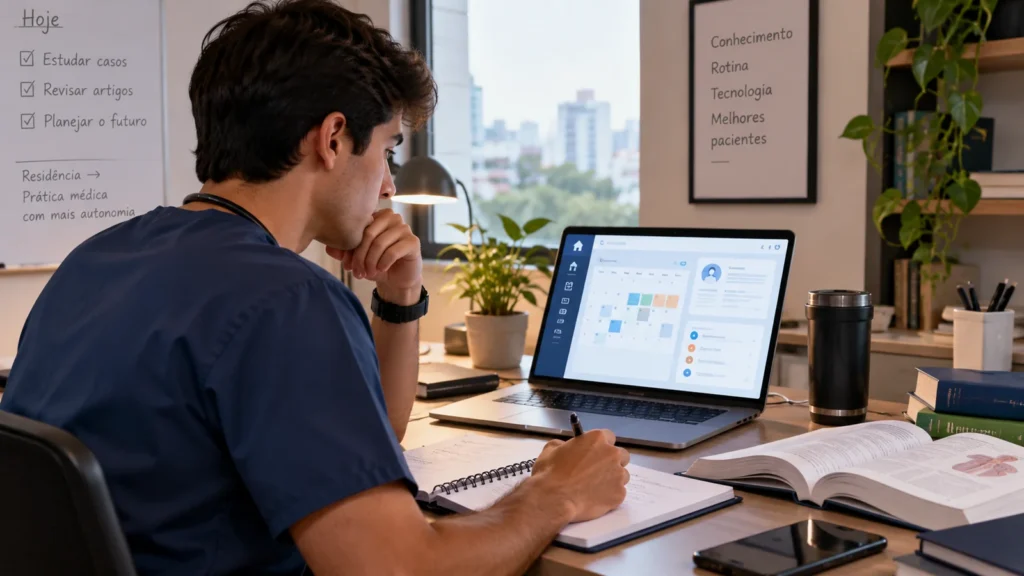 Profissional de saúde estudando em mesa com notebook aberto em painel de gestão clínica.