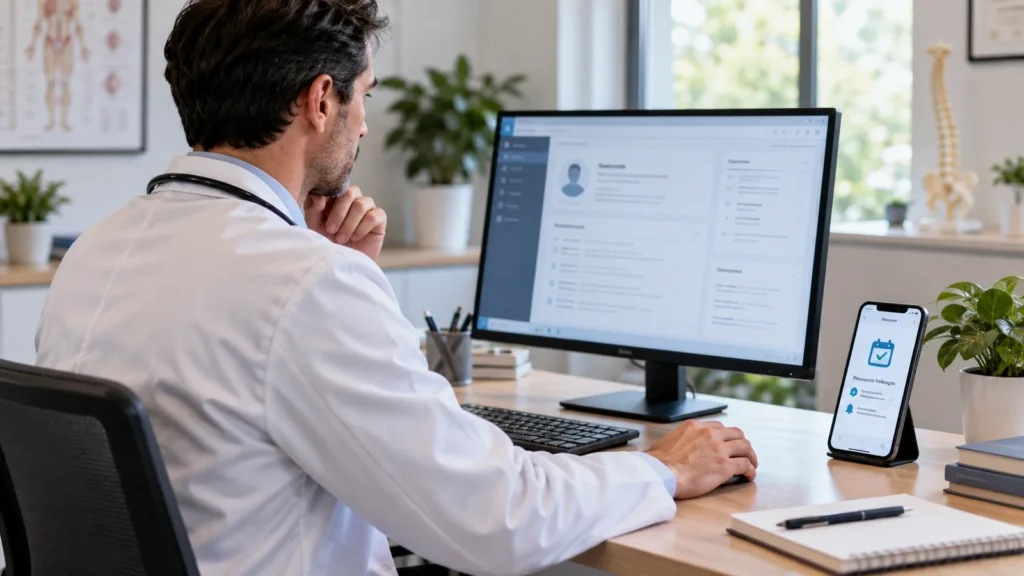 Médico organiza o acompanhamento pós-consulta em computador e celular no consultório.